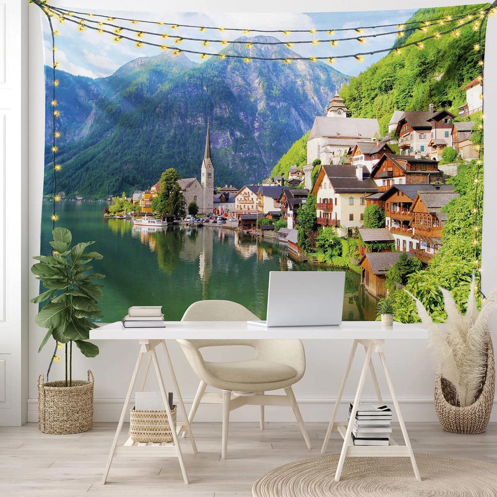Nature Tapestry Idyllic Village Small Town European Pastoral Scenery Tapestry Wall Hanging Decor for Bedroom Living Room Dorm
