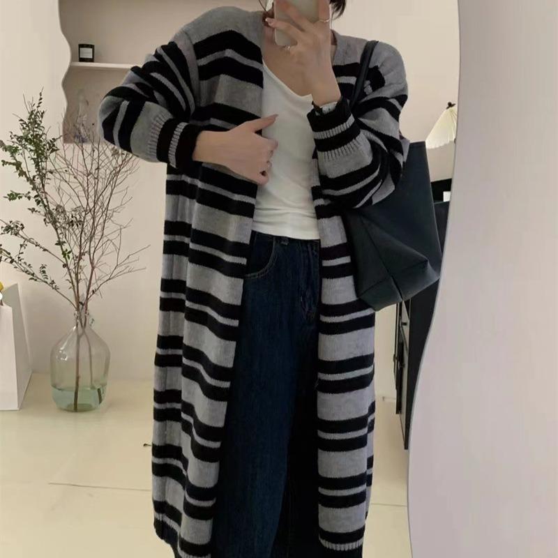 Black and white striped medium and long cardigan women's autumn retro lazy style top with casual sweater jacket women