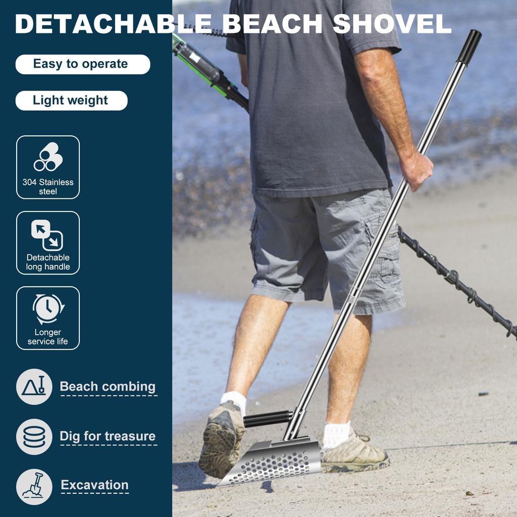 Beach Sand Scoop Shovel Stainless Steel Long Handle Sand Scoop Gloves Manual Sand Sifter Shovel for Underwater Treasure Metal