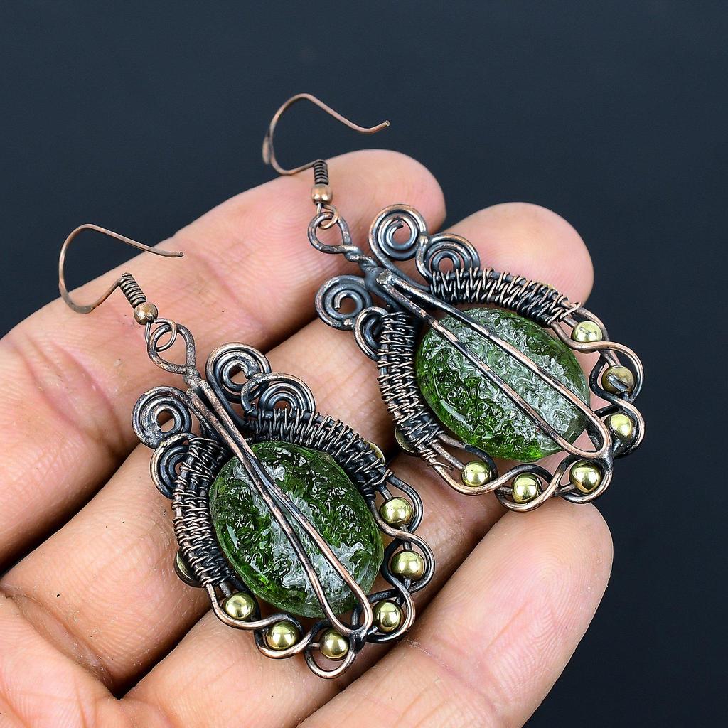 Moldavite Earrings, 999 Copper Wire Wrapped Gemstone Jewelry, Handmade Earrings For Mother Day