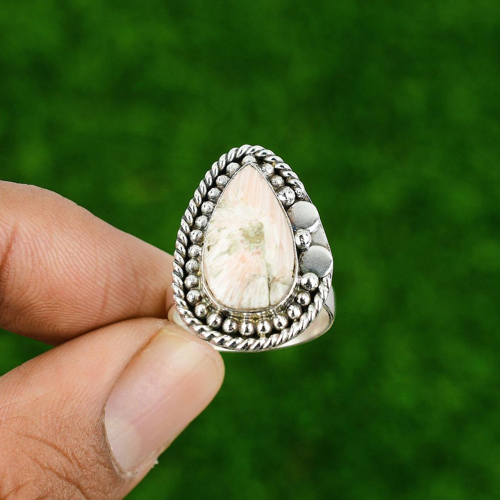 925 Silver Scolecite Gemstone Anniversary Solitaire Crown Chakra Ring Jewelry