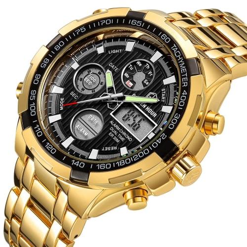 GOLDEN HOUR Luxury Stainless Steel Analog Digital Watch for Men, Outdoor Sports, Waterproof, Big Heavy Watch, Gold Black, Minimalist.