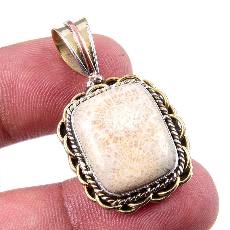 

Natural Fossil Coral 925 Solid Sterling Silver TwoTone Gift Pendant 1.50 P9C47