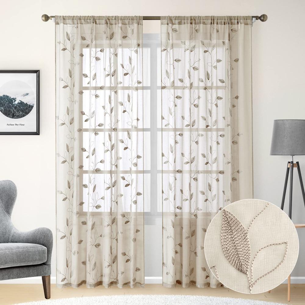 

2PCS Washable Window Sheer Through-shaft Type Tulle Curtains Living Room 35x54in хаки