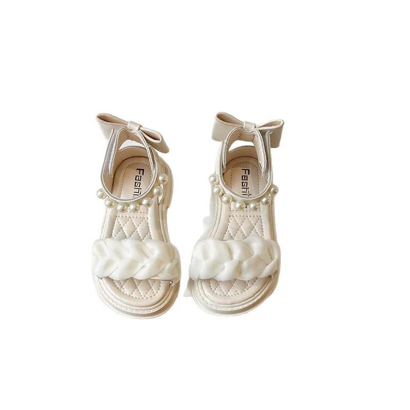 Girls' 2026 Summer Princess Sandals with Pearls & Bows – Stylish Roman Beach Shoes for Older Children