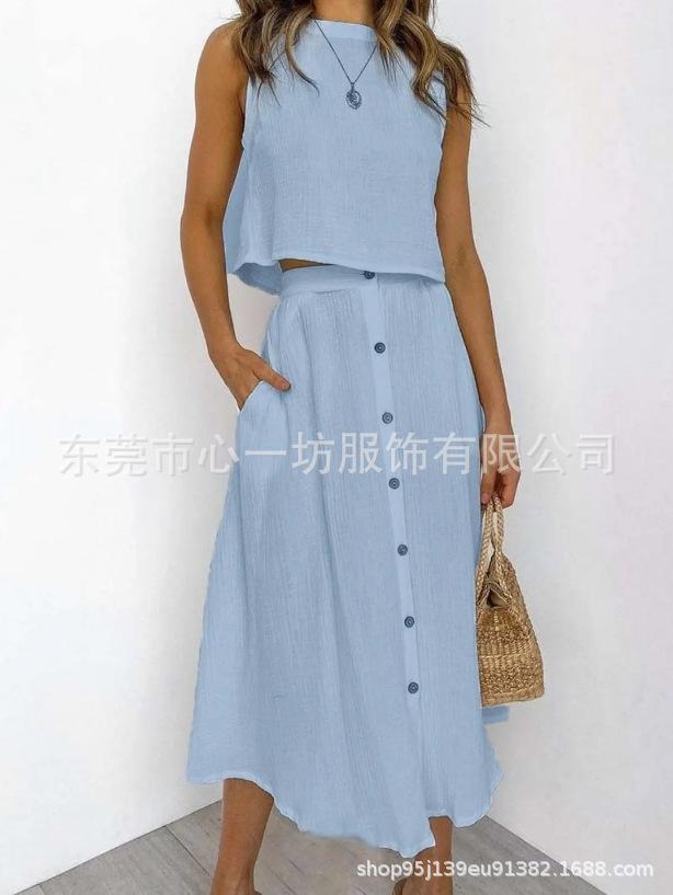 Women Sleeveless Tank Top High Waist Button Front Midi Skirt Two Piece Set Casual Summer Outfit