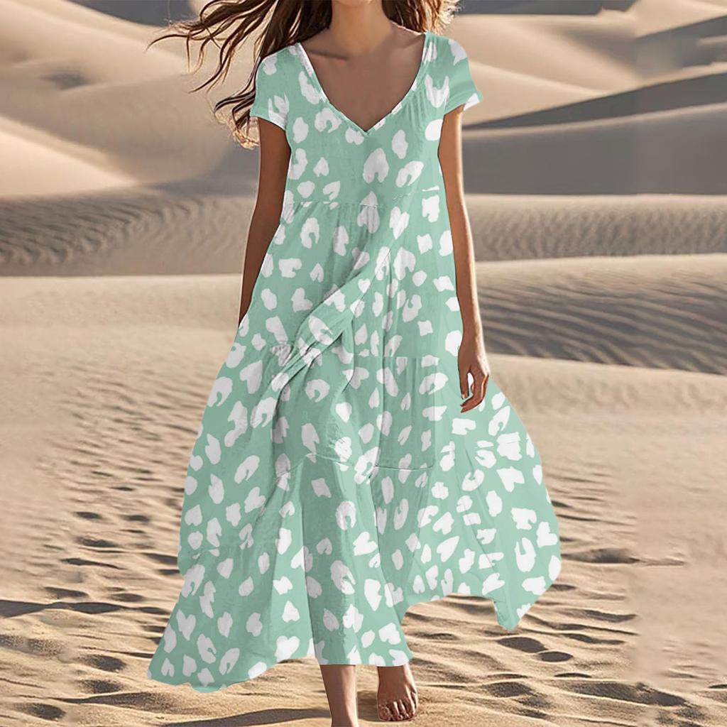 Women's Summer Fashion V-Neck Beach Long Short Sleeve Floral Printed Dresses
