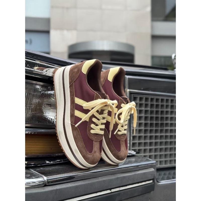 New retro style thick-soled color matching lace-up round head men's and women's height-increasing low-top casual board shoes