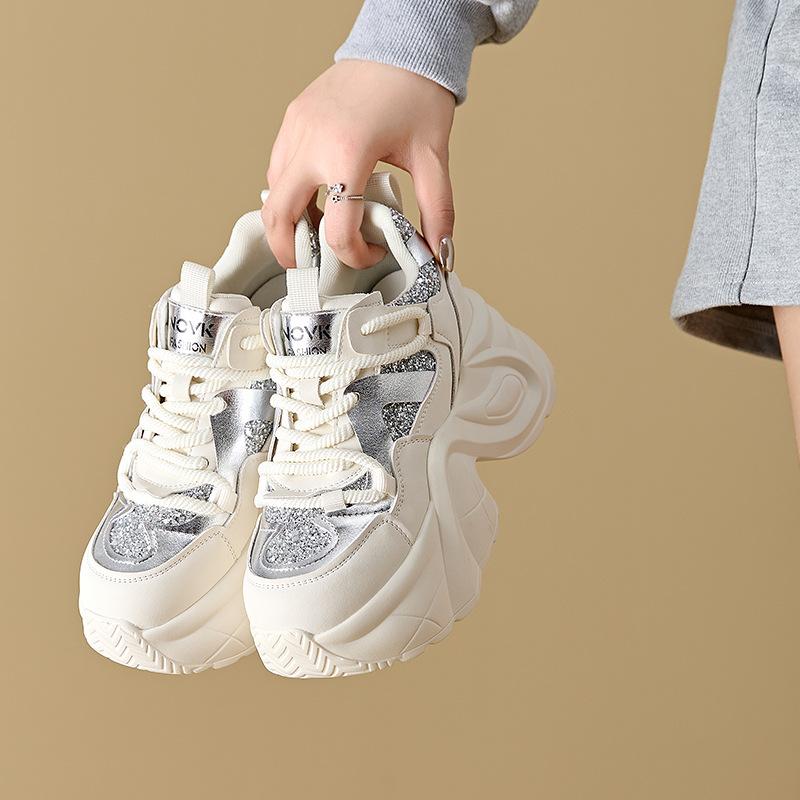 Wear high-end autumn new leather women's shoes thick sole inner height increase sports and leisure dad shoes children