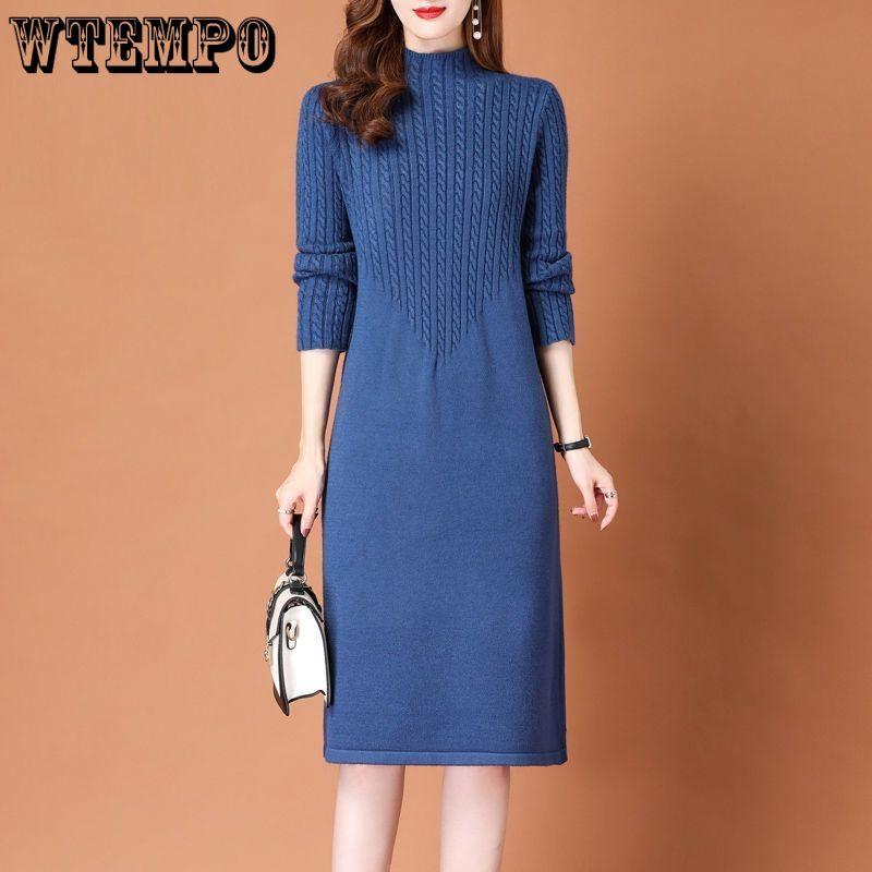 Strikket kjole med halv høy hals for kvinners høst- og vinterdekorasjon Ensfarvet genser-kjole Langermet hverdagskjole