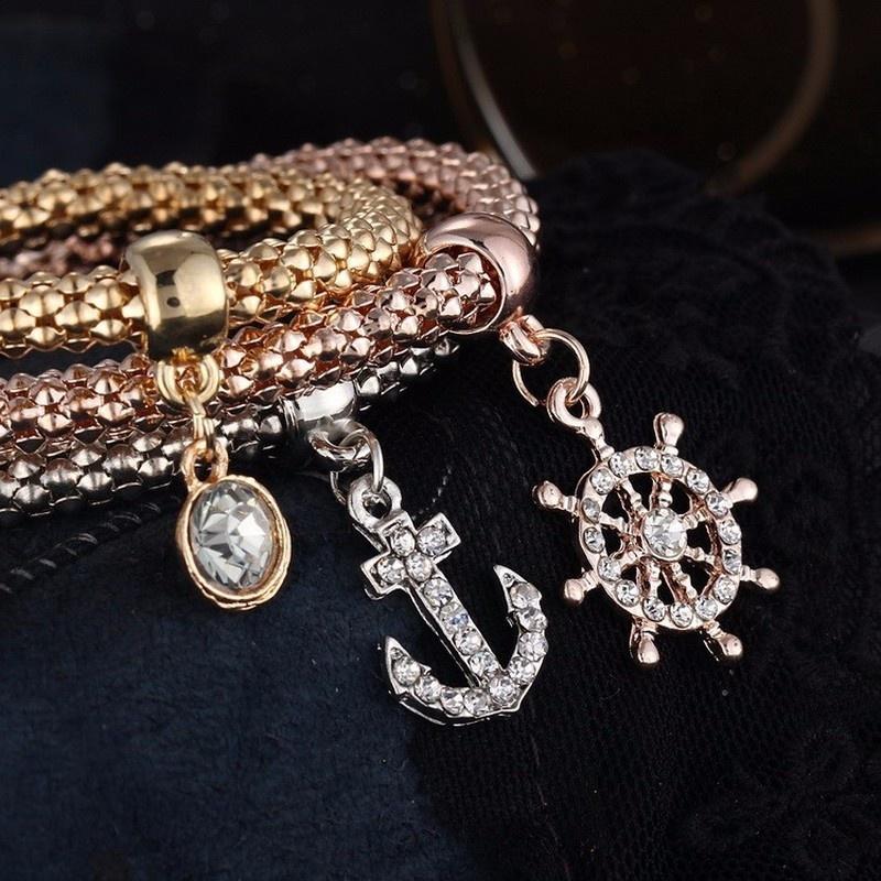 3 Pcs/Set Crystal Owl Crown Charm Bracelets&Bangles 3 Color Rose Gold Color Elephant Anchor Pendants