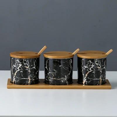 Kitchen seasoning tools ceramic seasoning jar set marble pattern cruet bamboo tray kitchen supplies seasoning box salt shaker