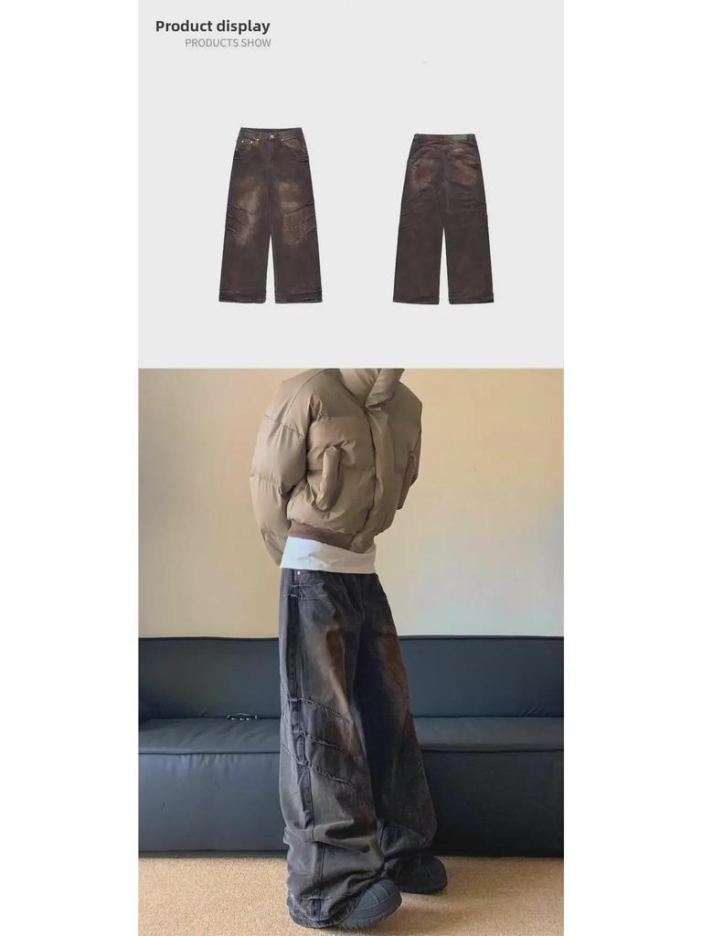 Unisex American Retro Distressed Heavyweight Pleated Wide-Leg Wasteland Jeans
