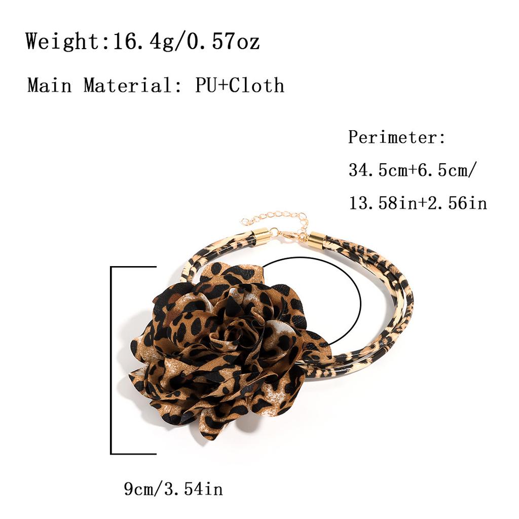 Französische Vintage Leopardenmuster Stoffblumenkette für Damen Florale PU-Ketten Party Schmuck Geschenke