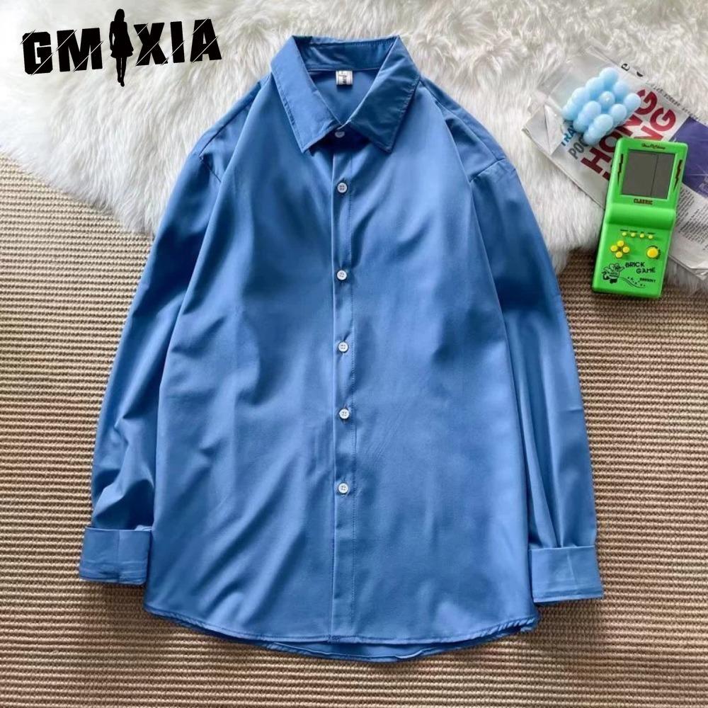 

GMXIA Жіночі модні повсякденні одноколірні блузки та сорочки з довгими рукавами та вирізом з горловиною L синій