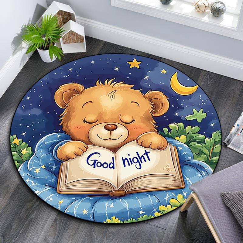 Teddy Bear Reading Book Round Area Rug,Carpet Rug for Living Room Bedroom Sofa Playroom Decor,Non-slip Floor Mat
