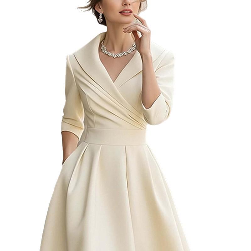 2026 Spring European & American Elegant Slim Evening Gown - Solid Color, Slimming, Commuting Dress