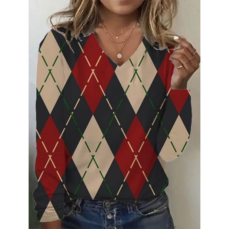 Autumn Women's 3D Rhombus Geometric Printing V-Neck Long Sleeve