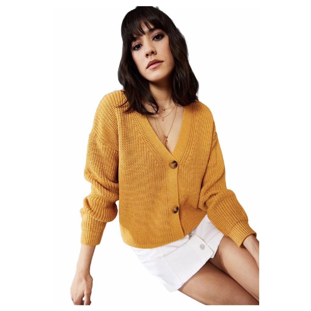 Damen Strickjacke in Steinfarbe mit V-Ausschnitt und Knöpfen