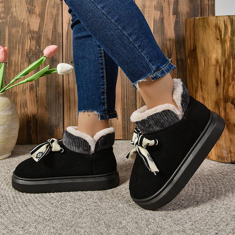 Mode Winter Wildlederimitat Baumwolle Stiefel Damen Zuhause Schleife Wolle Stiefeletten 2024 Neu Wärme Dicke Sohle Prinzessinnen-Stil Kurze Stiefeletten