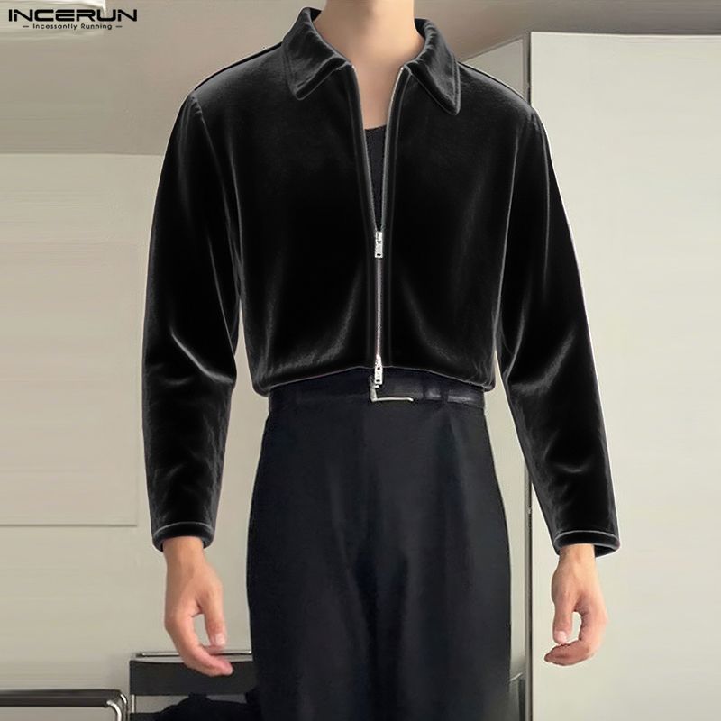 INCERUN Men Casual Lapel Neck Long Sleeve Zipper Up Velvet Jackets Coats