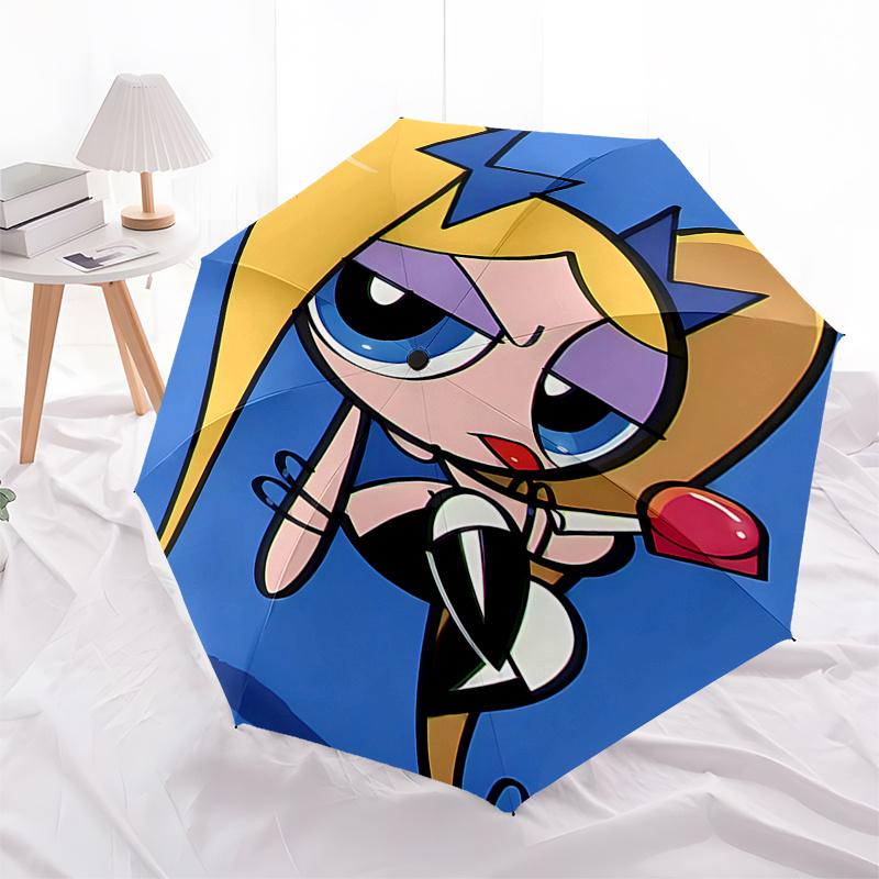 Powerpuff Girls Automatic Opening/Closing Umbrella - Portable 3-Fold Design with 8-Bone Steel Frame, Ideal Gift for Fans and Travelers010424