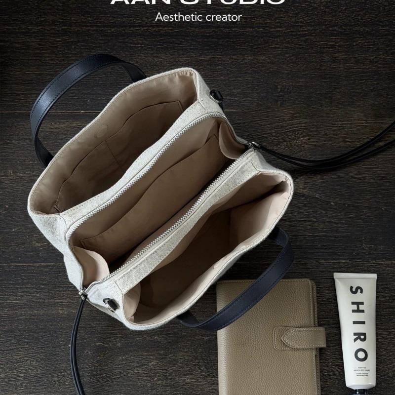 AAM Three-compartment Linen and First-layer Cowhide Large-capacity Tote Bag Lazy Wind Portable Shoulder Messenger Bag