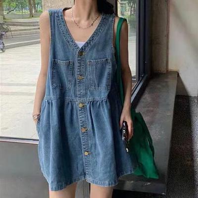 Hochtailliertes Cowboy-Trägerkleid V-Ausschnitt Plissiertes Denim-Trägerkleid Einreihig Retro Ärmellos Kurzes Kleid Mädchen