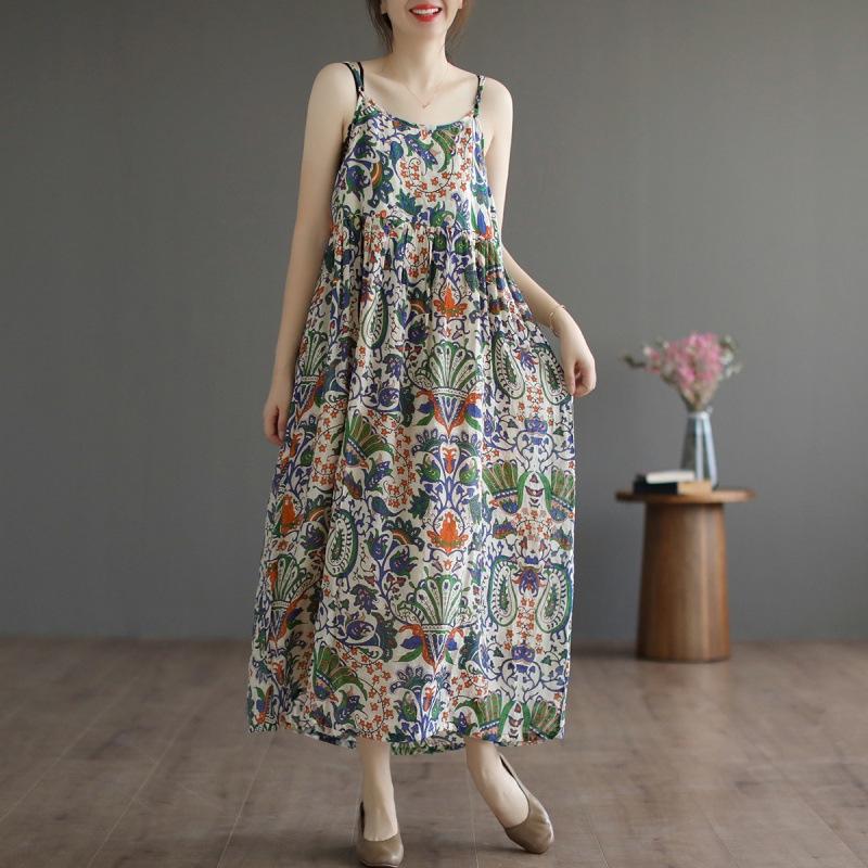 Sleeveless Strap Cotton Vintage Floral Dresses for Women Casual Loose Long Summer Dress Elegant Clothing