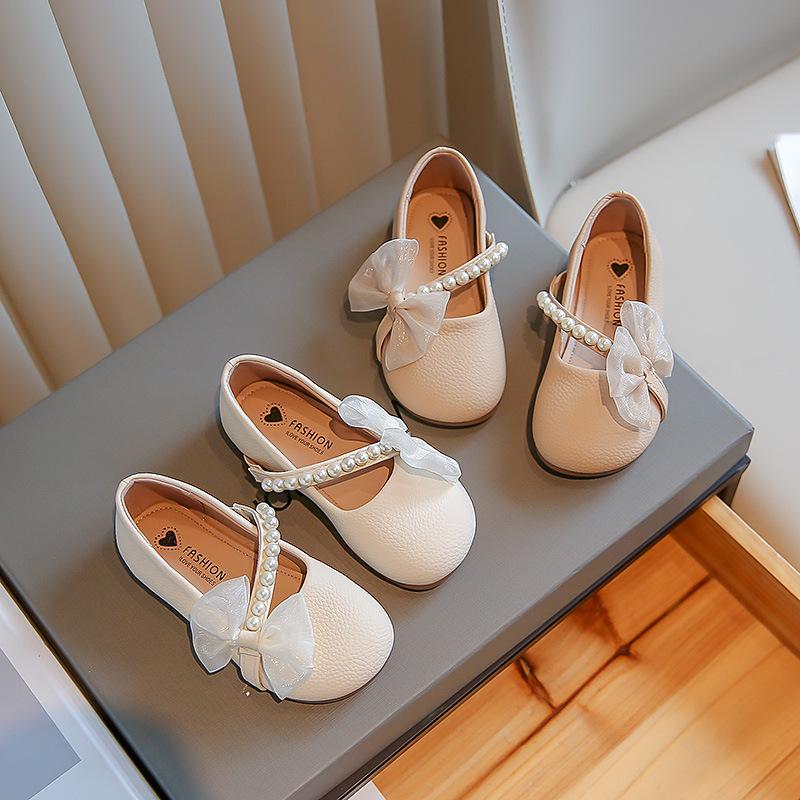 2025 Girls' Pearl White Leather Loafers for Spring & Autumn - Soft Sole, Fashionable Princess Shoes