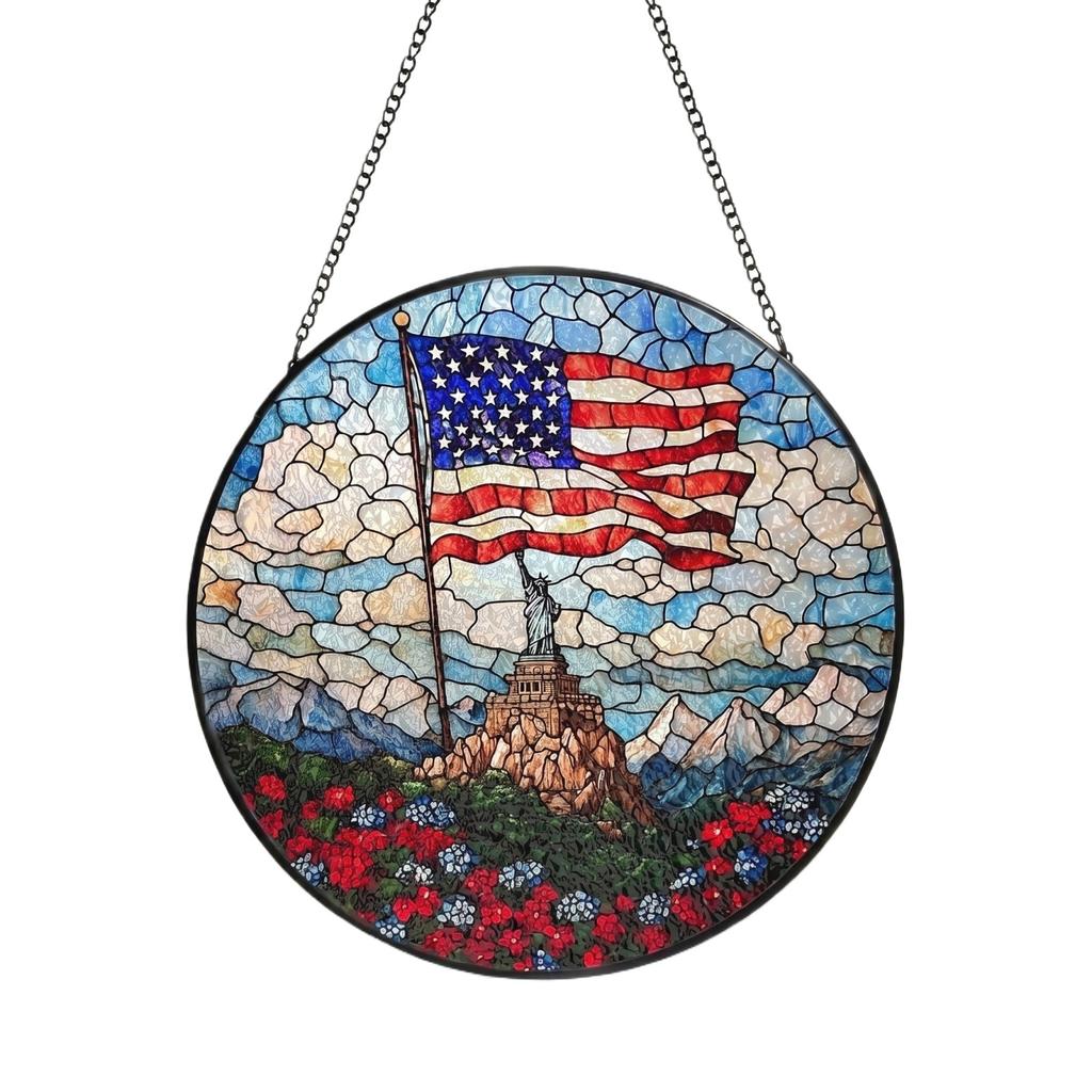 American 0th Anniversary Stained Glass Acrylic Suncatcher, Patriotic Flower Vase Window Hanging Decor