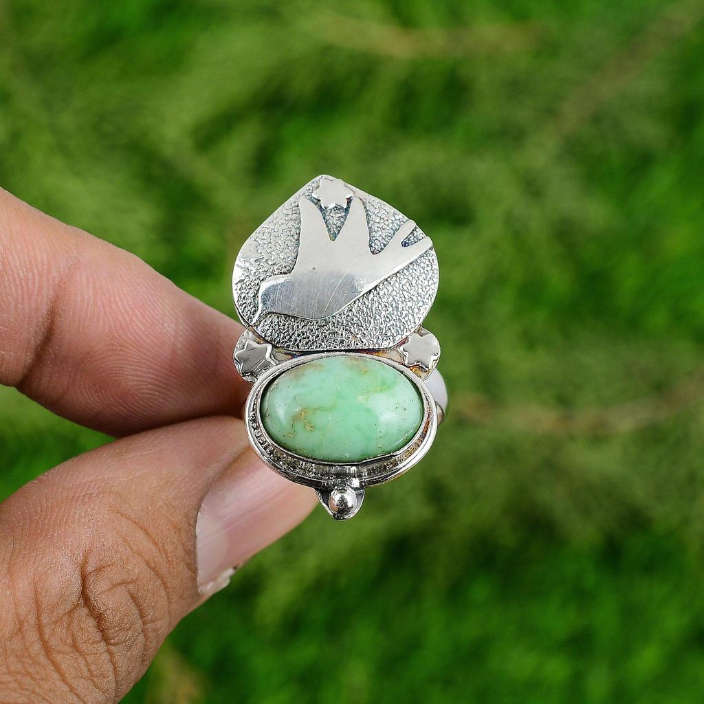 Gift For Her 925 Silver Natural Chrysoprase Multi Stone Bird Adjustable Ring