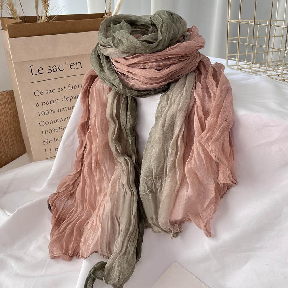 Cotton Hemp Gradient Color Scarf Linen Wrinkle Scarves Long Pleated Shawl Soft Tie-dye Headscarf Long Hijab Scarf Women Winter