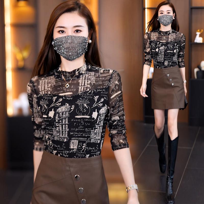 

Women s half-high collar lace base shirt, long-sleeved T-shirt for spring and autumn, new printed mesh top M