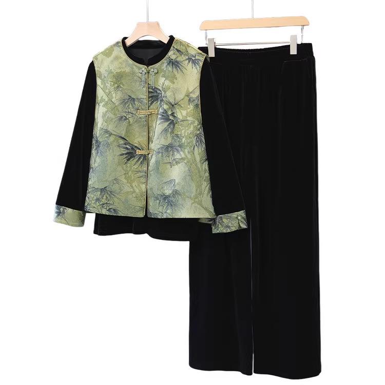 Elegant Spring Velvet Three-Piece Set: Floral Vest & Suit for Middle-Aged Women