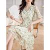 Women's Green Floral Print Chiffon Dress V Neck Ruffle Sleeve Double Layer Hem Casual Midi Dress