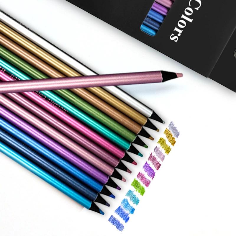 12 Metallic Colors Black Wood Colored Pencils for Journaling, Doodling, Painting, and Children's Drawing