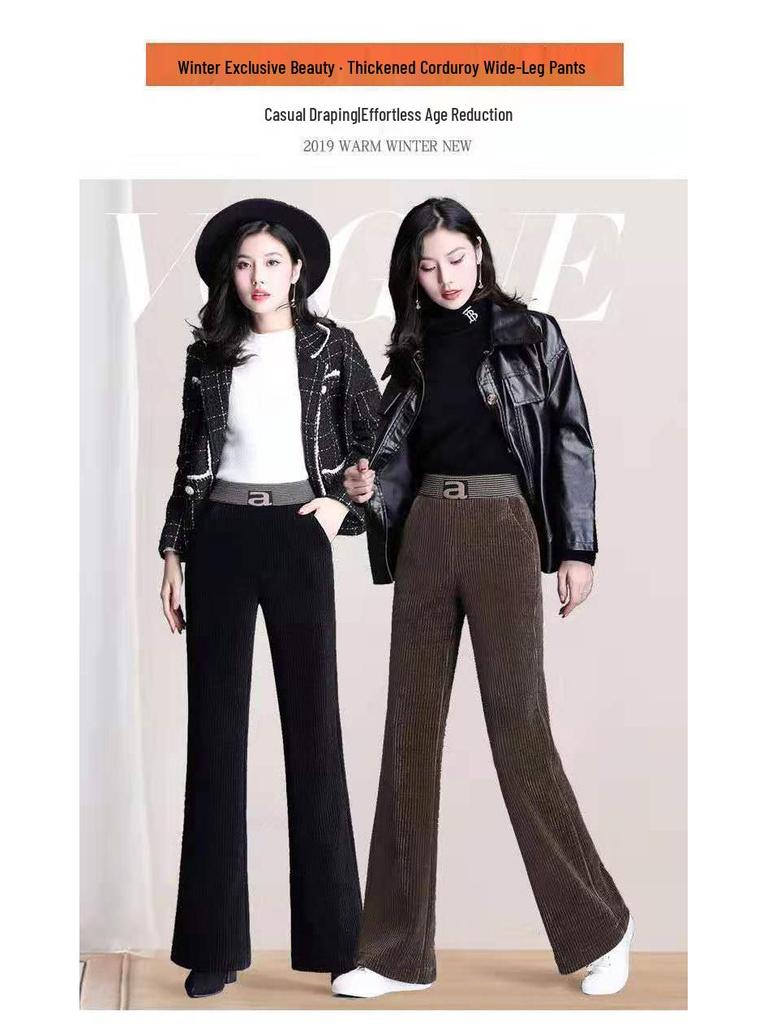 Dámské manšestrové kalhoty s vysokým pasem a širokými nohavicemi s fleecem - Pohodlné, volný střih pro podzim a zimu.