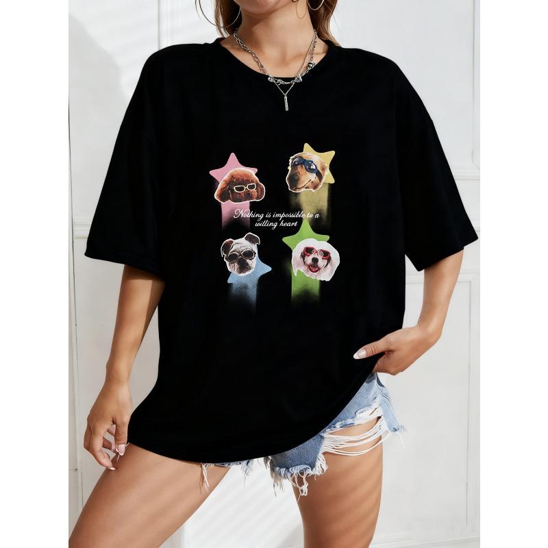 

White Oversized T Shirt With Dog Faces And Stars Print For Casual Wear XXXXL чорний