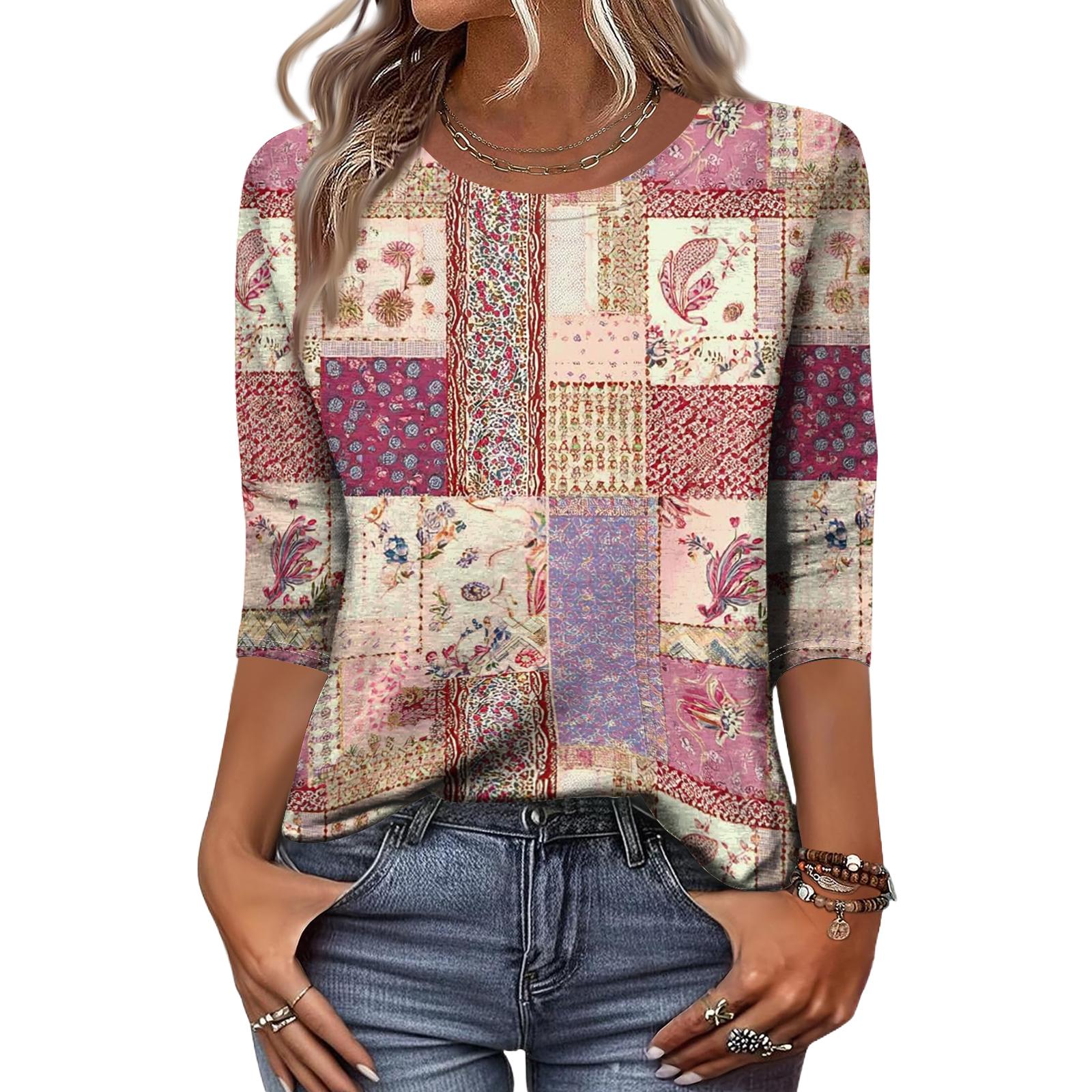 

Long Sleeve Shirts for Women Patchwork Print Womens Long Sleeve Tops Casual Long Sleeve T Shirt Women Comfortable Long Sleeve Going Out Tops for Women XXL