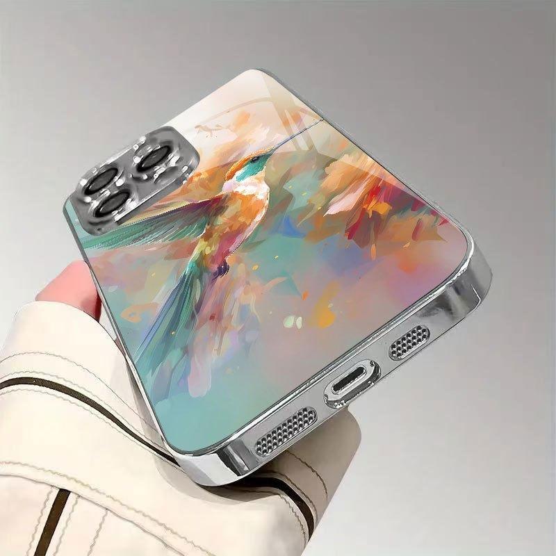 Colorful Hummingbirds Tempered Glass Phone Case For iPhone 17 16 15 14 13 12 11 Pro Max 14 Plus 17Air Electroplate Silver Cover