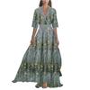 Ladies' Casual And Fashionable Solid Color Printed Patchwork V-neck Long  Dress