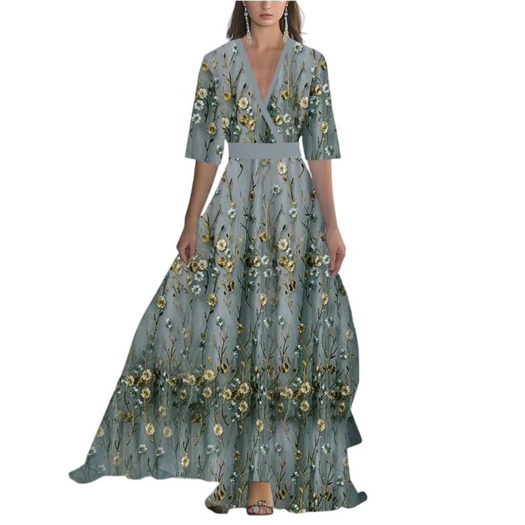 Ladies' Casual And Fashionable Solid Color Printed Patchwork V-neck Long  Dress