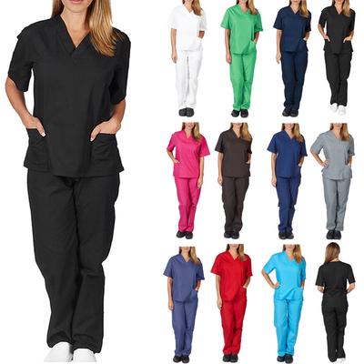 Two Piece Set Scrub Suit Nursing Uniform Set Tops+Pants V-neck Short Sleeved Fast-drying Suits