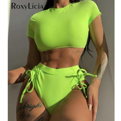 Kreuz Zurück Kurzarm Weiblichen Badeanzug Hohe Taille Bikini Frauen Bademode Zwei-stück Bikini set Badende Badeanzug Schwimmen