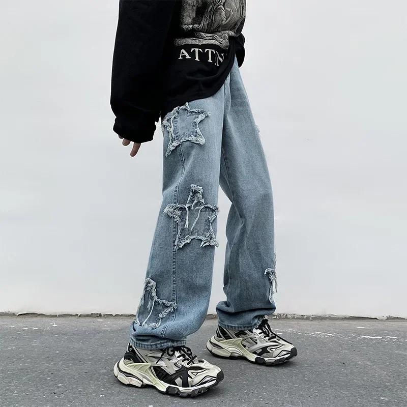 Fashion Stars Towel Embroidery Brown Men Jeans Pants Y2K Clothes Straight Hip Hop Cotton Trousers Pantalon Homme