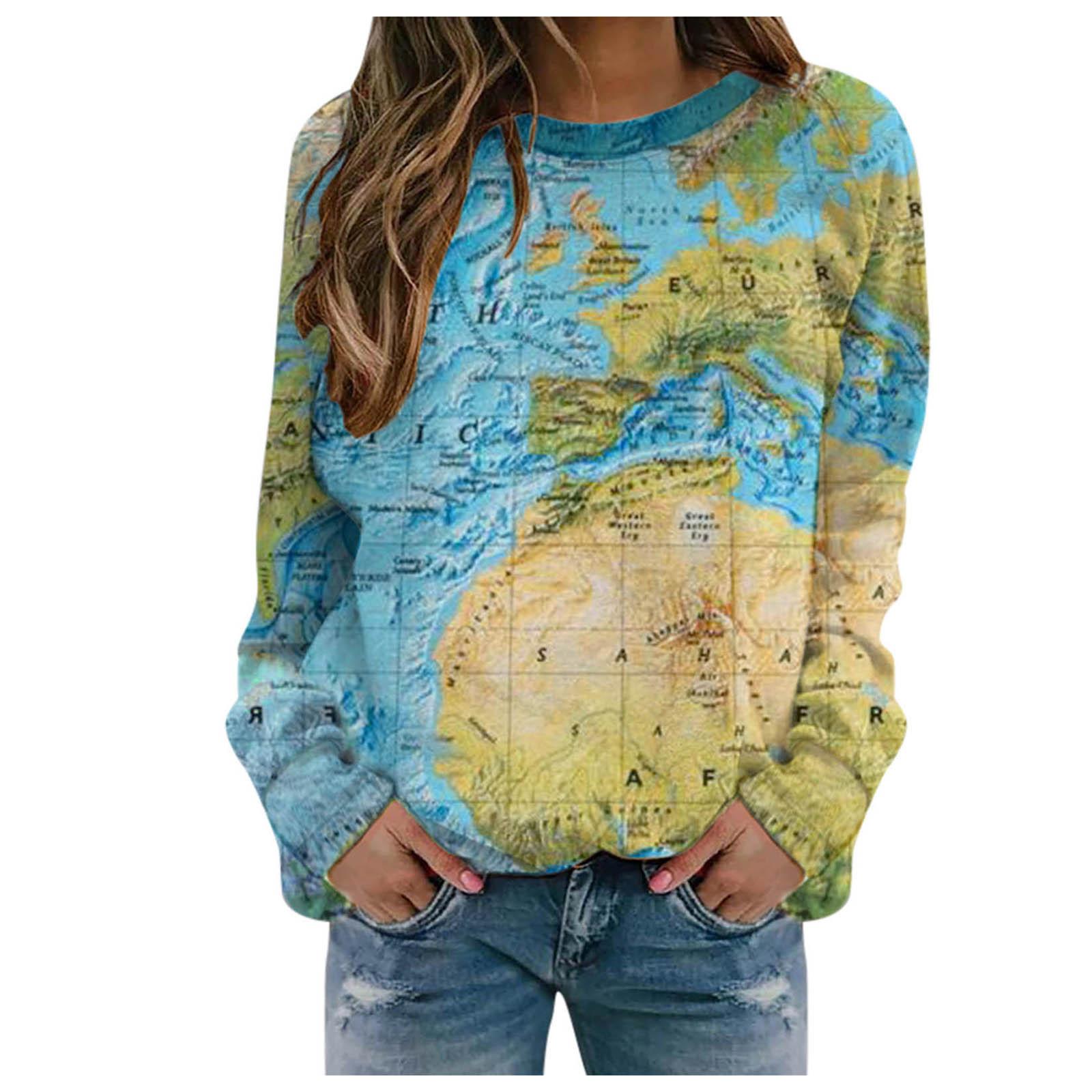 

Женщины Карта мира Печать Толстовки Винтажный Узор Круглый Вырез Длинный Рукав Свитшот Цветочный Принт Повседневный Пуловер Топы Толстовки M