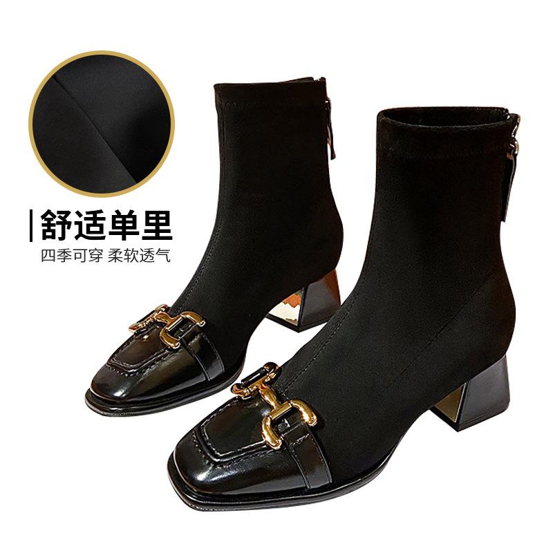 

Metal horse buckle high-heeled boots women s 2025 autumn and winter new square head thick heel medium boots women s British style thin boots 34 чёрный