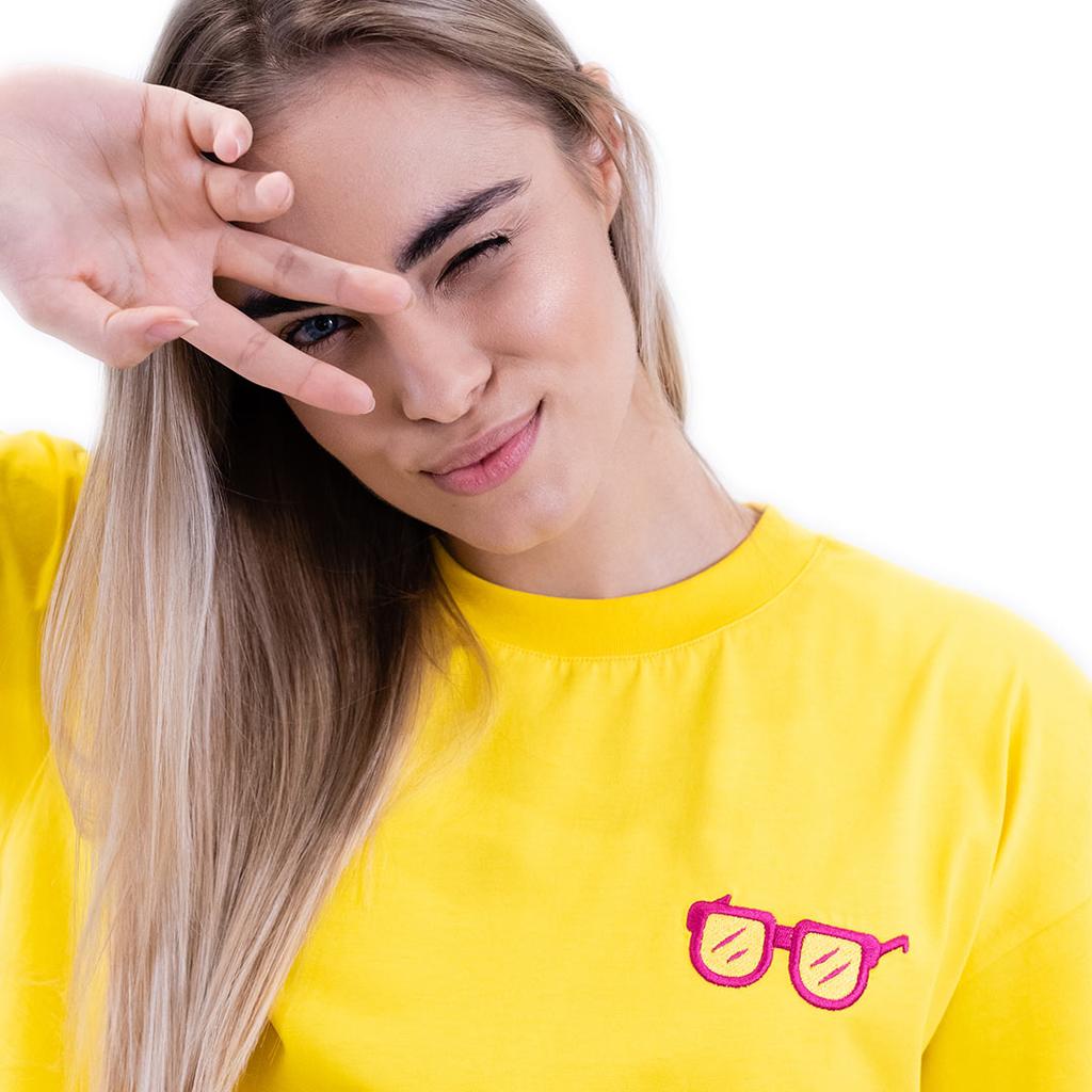 Żółta Koszulka Oversized Z Modnym Motywem Okularów, Stylowa I Wygodna, M