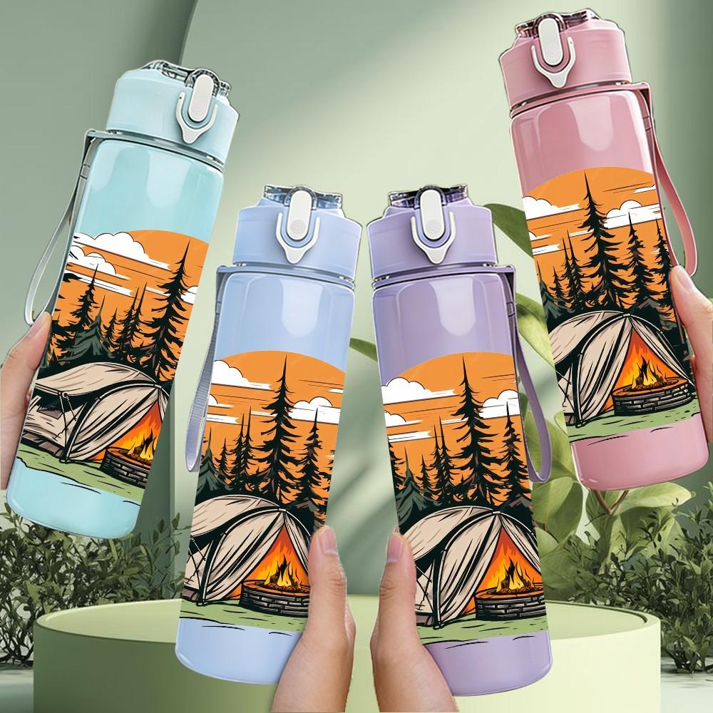 1PC Camping Tent Mountain Sunset Print 750ml Color Plastic Sports Water Bottle Leakproof Flip Straw Lid Suitable for Sports Office Home Use